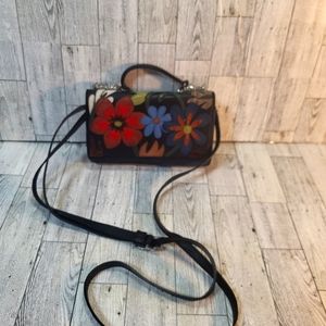 Brighton Black Leather Crossbody Floral Appliques w Heart Tuck-in Mirror